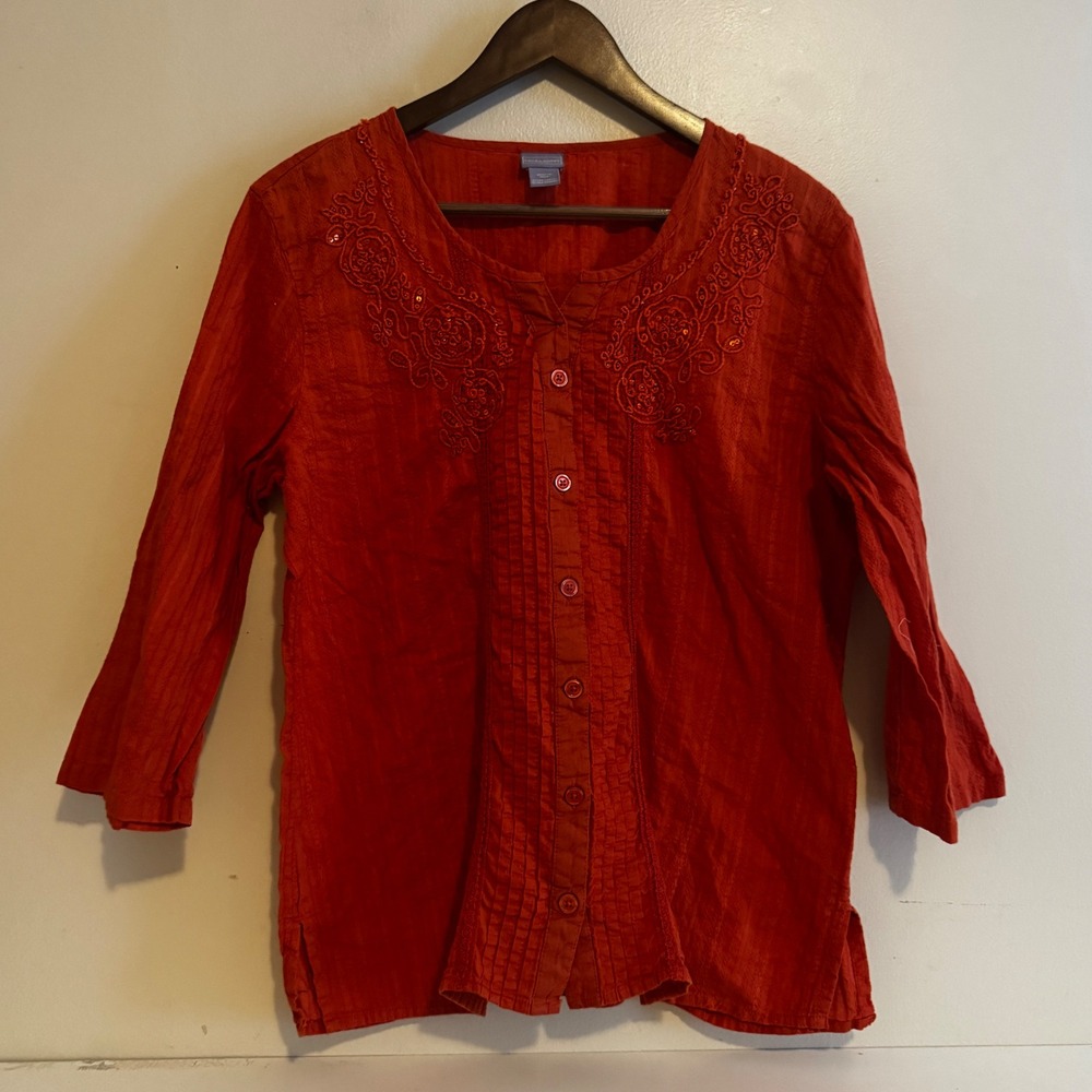 Laura Scott Women's XL 100% Cotton Embroidered Sequin Blouse Fall Basics Orange